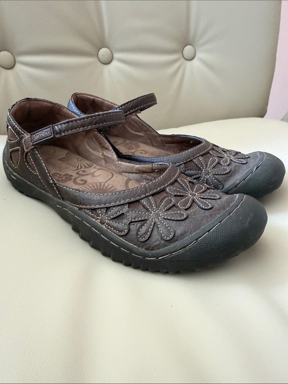 Jambu Brown Floral Cutout Mary Jane Flats
